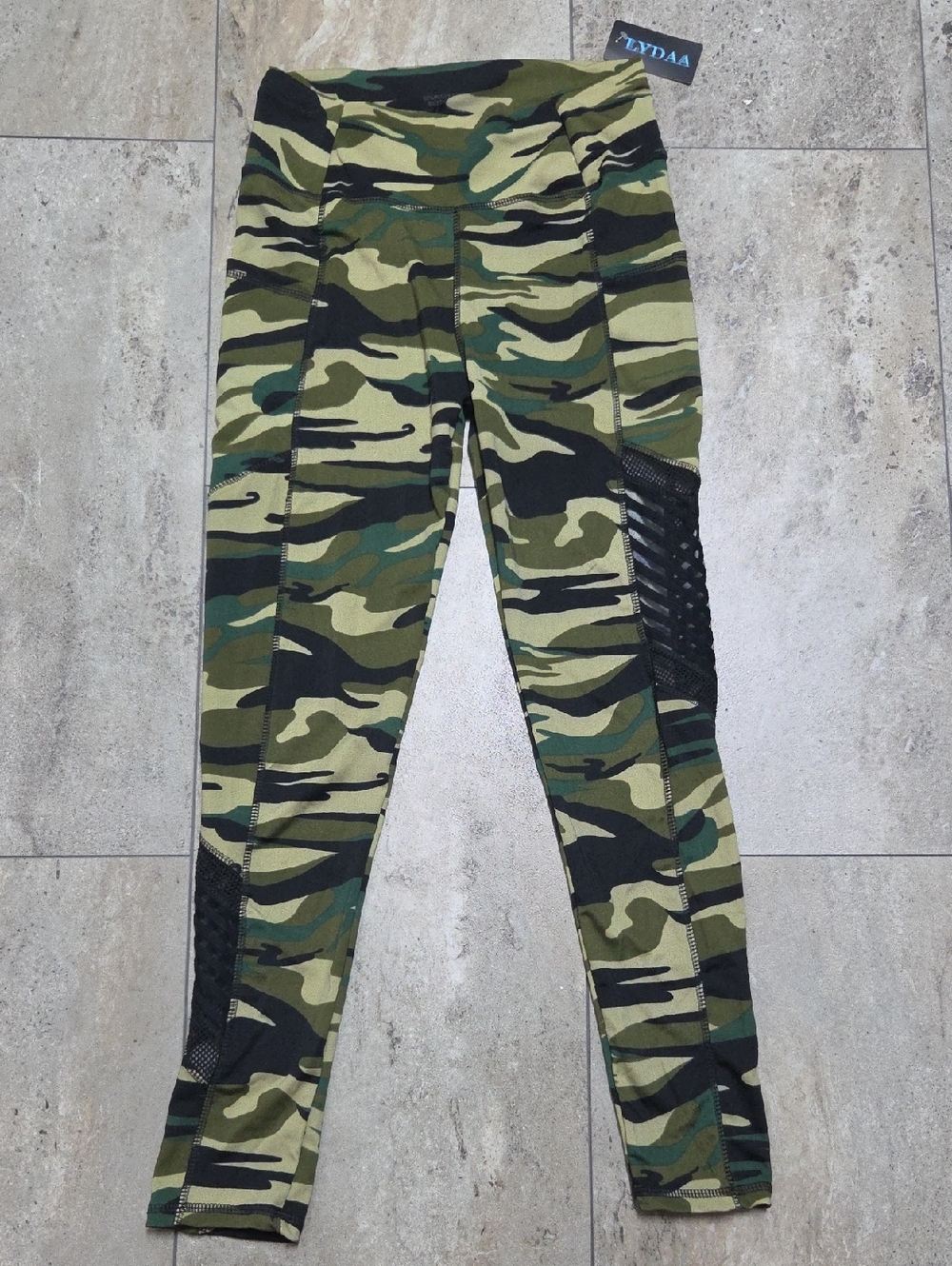 High-Rise Camo Leggings with Mesh Panels - Green